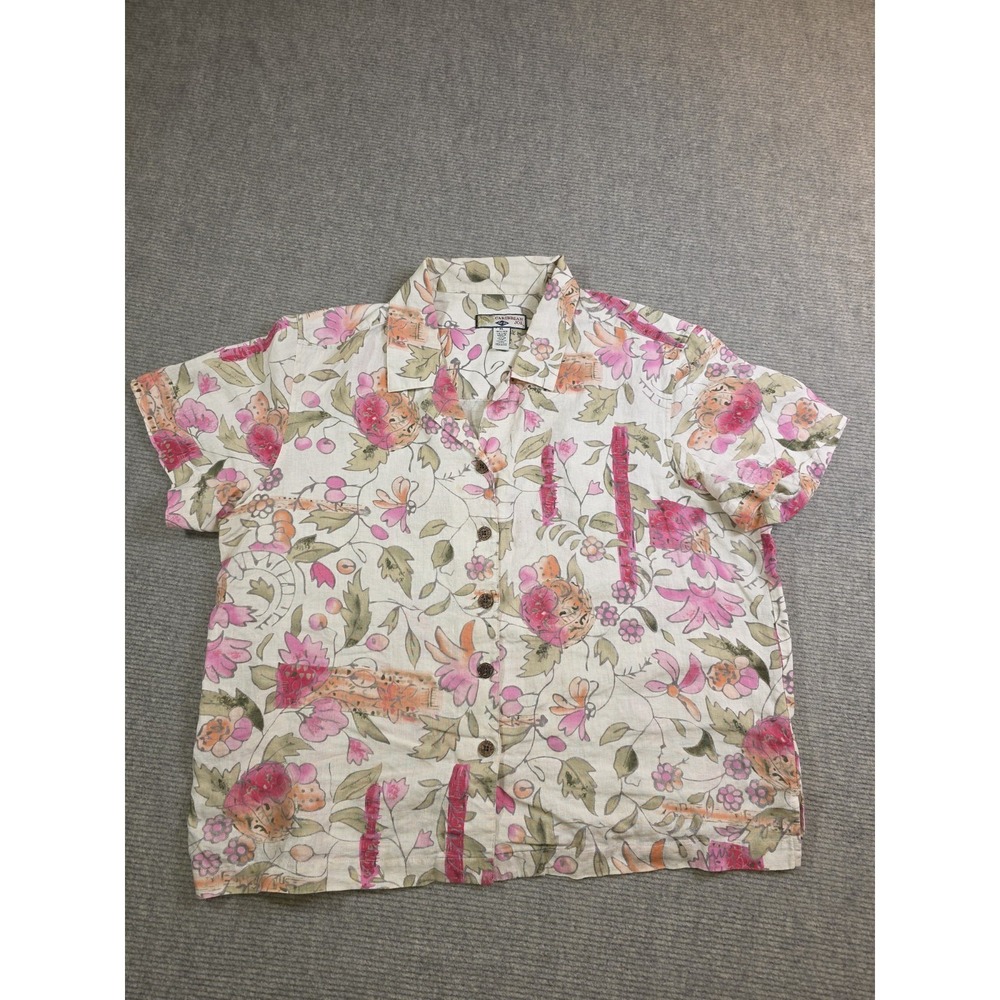Caribbean Joes Wine Country Artistic Floral 100% Linen Button Down Mens XL